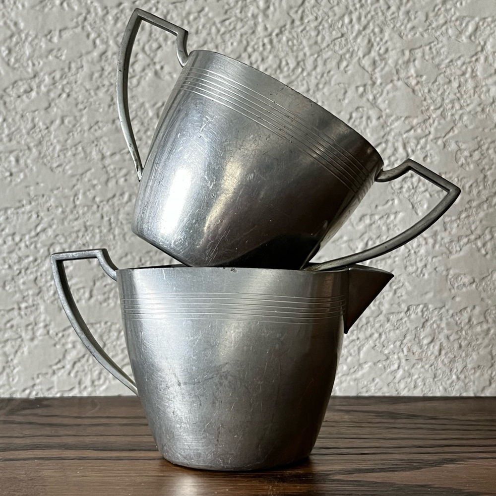 Vintage Genuine Pewter Creamer & Sugar Bowl Set Mid Century Modern Serving Set